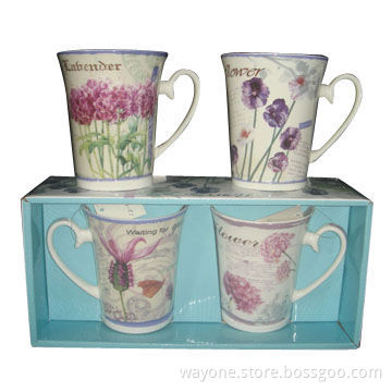 12oz New Bone China/Ceramic/Porcelain Mug in Window Gift Box/Fours Colors, Flower Design